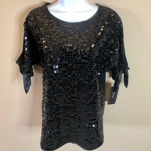 MSK Black Sequin Front Cold Shoulder Blouse Top Satin Trim & Ties.  Size M NWT